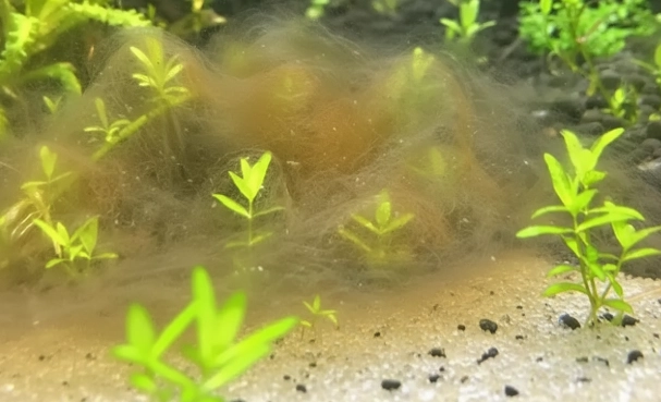 alga marrón diatomea en las plantas del acuario