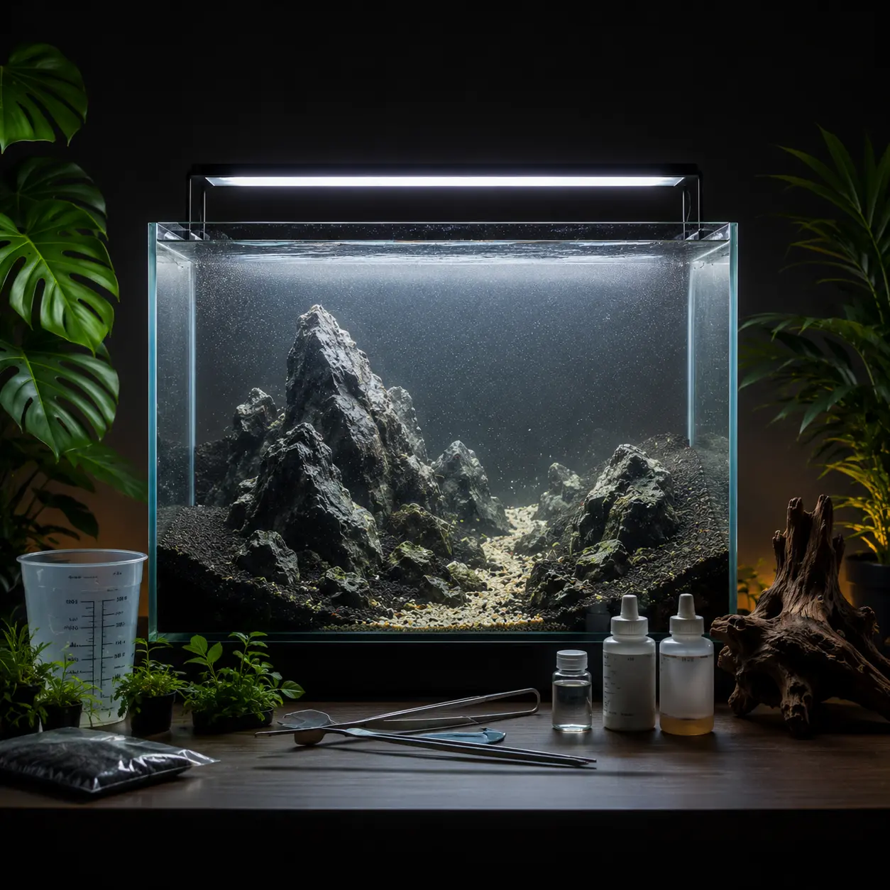 Acuario ya lleno de agua en pleno proceso de ciclado, todavía sin plantas - BioAcuarios