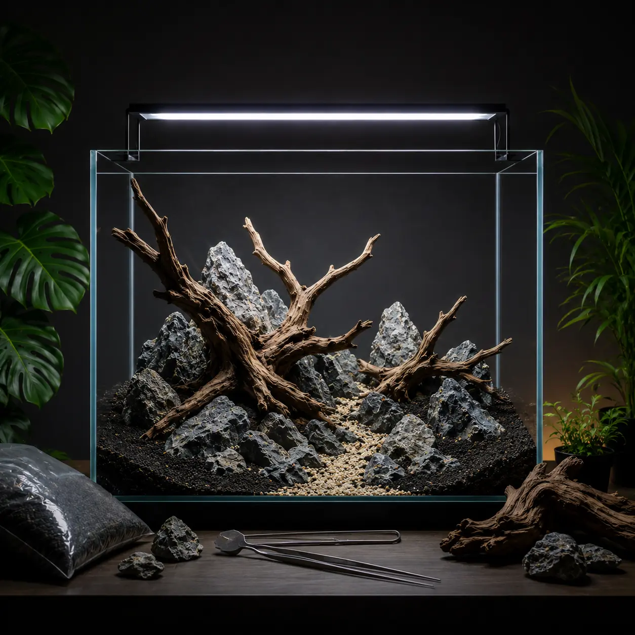 Sustrato, rocas y troncos colocados en seco, antes de llenar de agua, como primer paso para ciclar un acuario plantado - BioAcuarios
