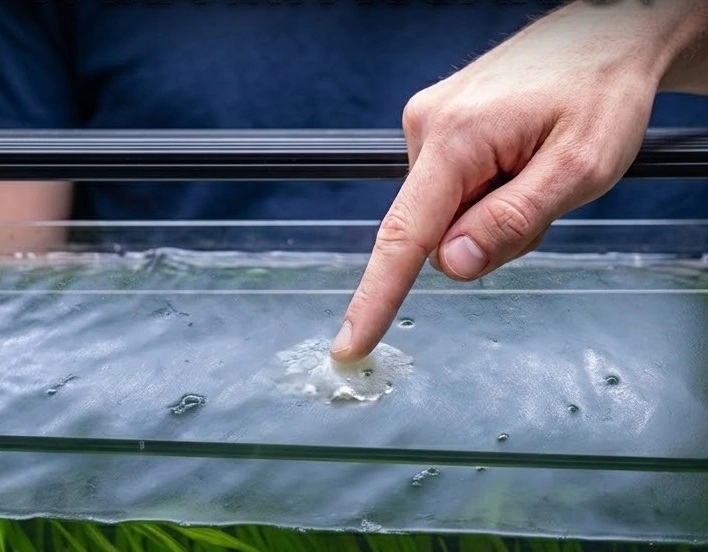 Biofilm, una fina película bacteriana sobre la superficie del agua de una pecera
