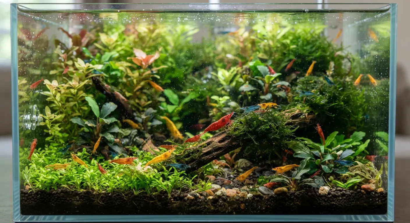 Primer plano de un gambario plantado con musgo y raíces