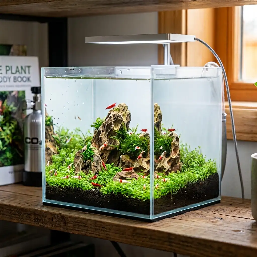 Nano acuario plantado montado en casa, con luz LED y decoración natural
